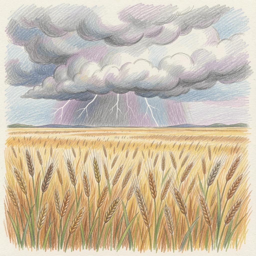 A distant summer thunderstorm rolling over golden wheat fields, with delicate details that reward a closer look, designed to feel inviting, memorable, and shareable.