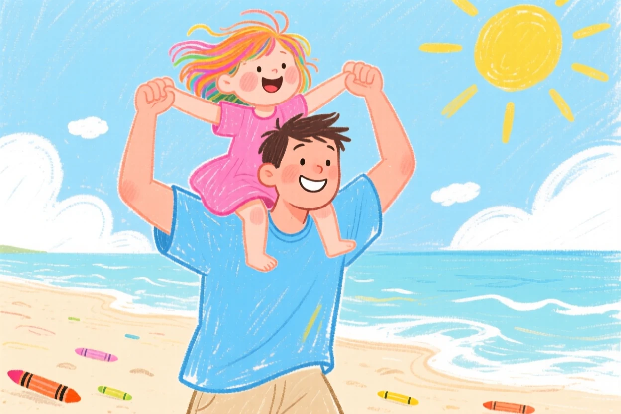 A father lifting his giggling daughter onto his shoulders at the beach.