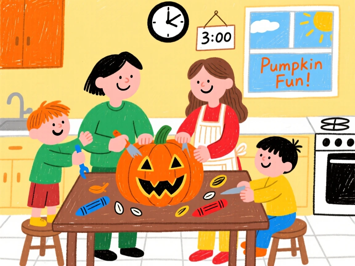 A family carving a pumpkin together at the kitchen table.