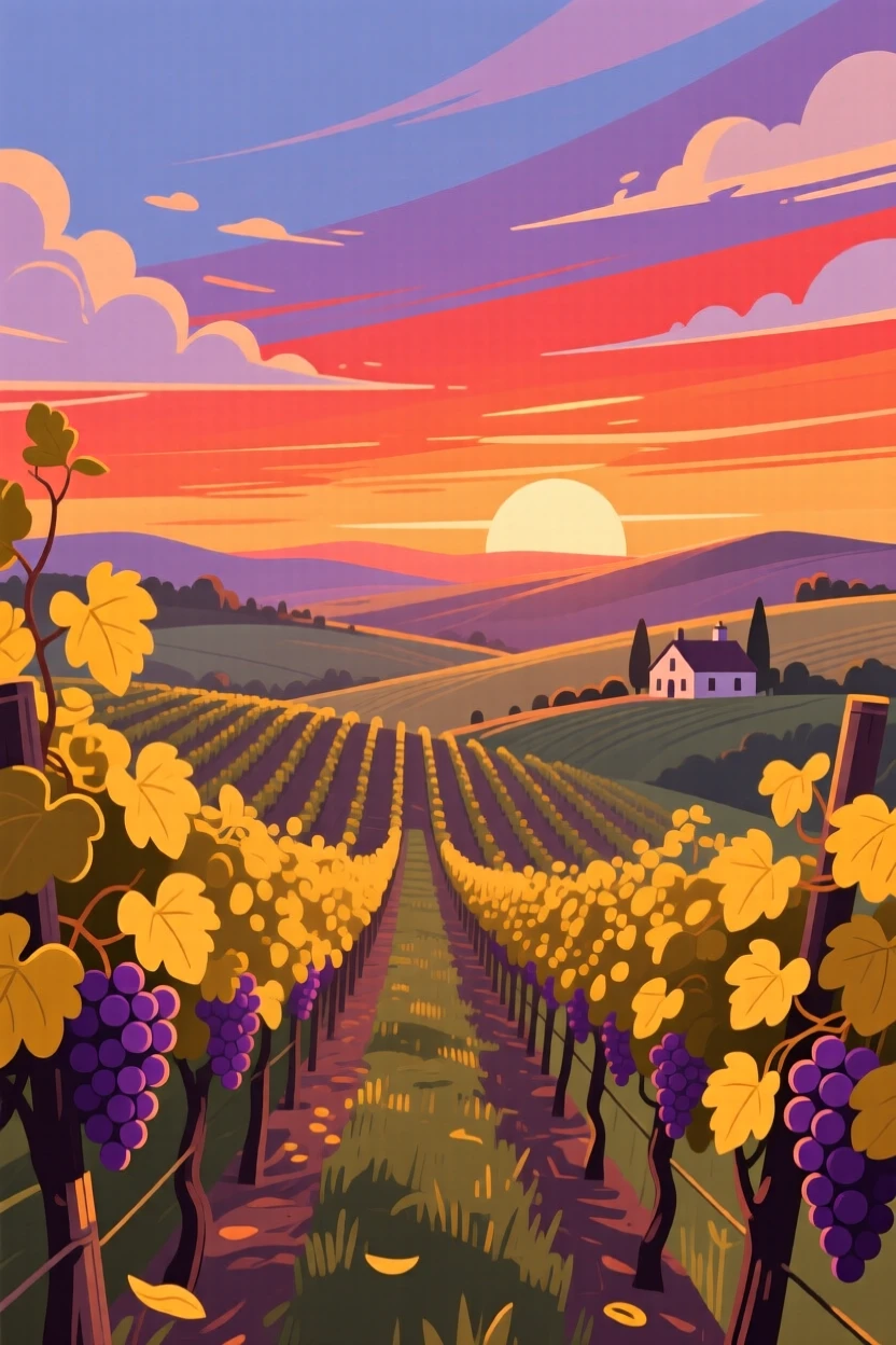 A scenic vineyard sunset with rows of grapevines glowing gold, under a dramatic sunset sky, captured from a scenic elevated viewpoint, with a nostalgic, postcard-like charm.