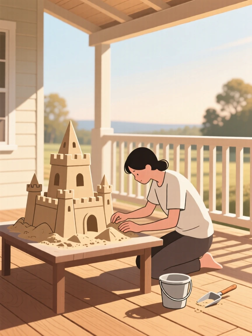 A person building a sandcastle in a sunlit porch.