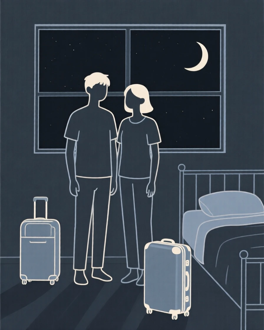 A pair of best friends standing in a dim bedroom at night, embodying a feeling of proud accomplishment, with a single suitcase nearby.