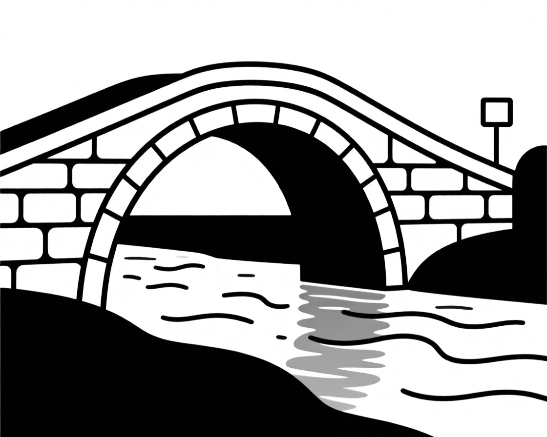 A stone bridge arching over a quiet river.