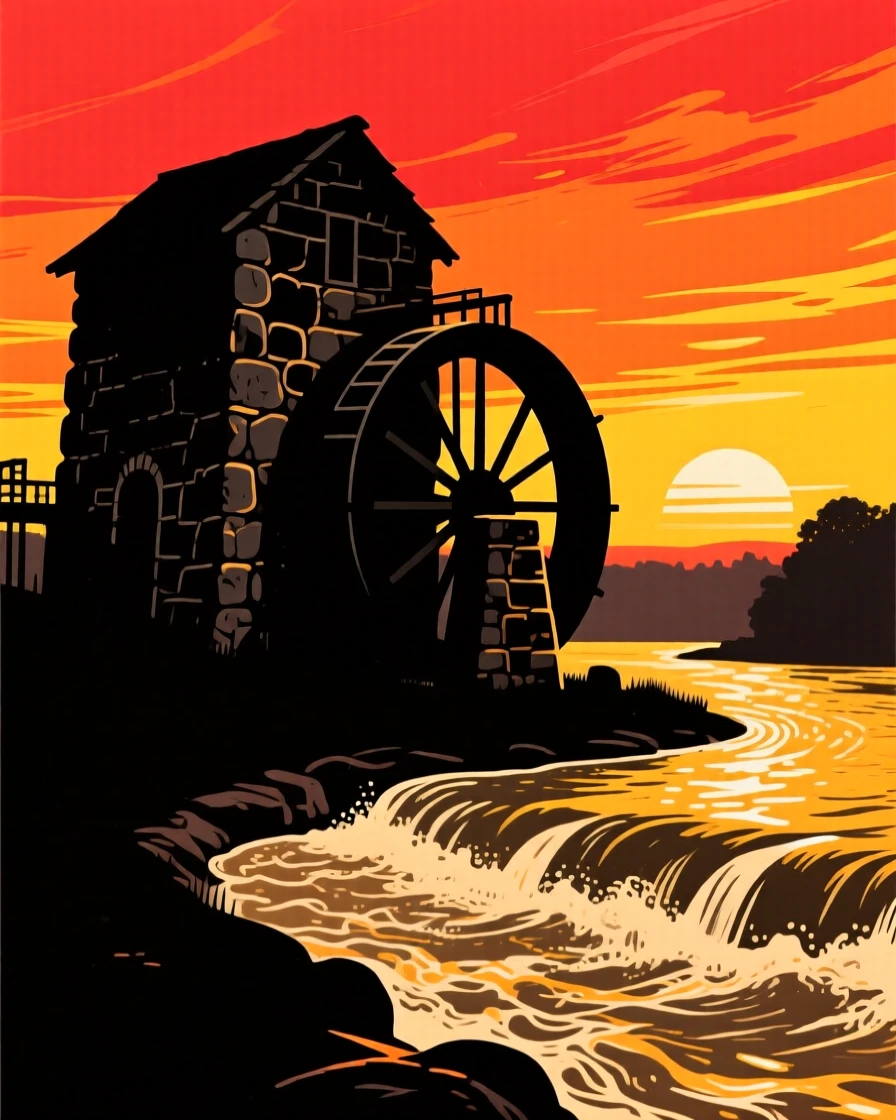 An old stone watermill turning beside a rushing river.
