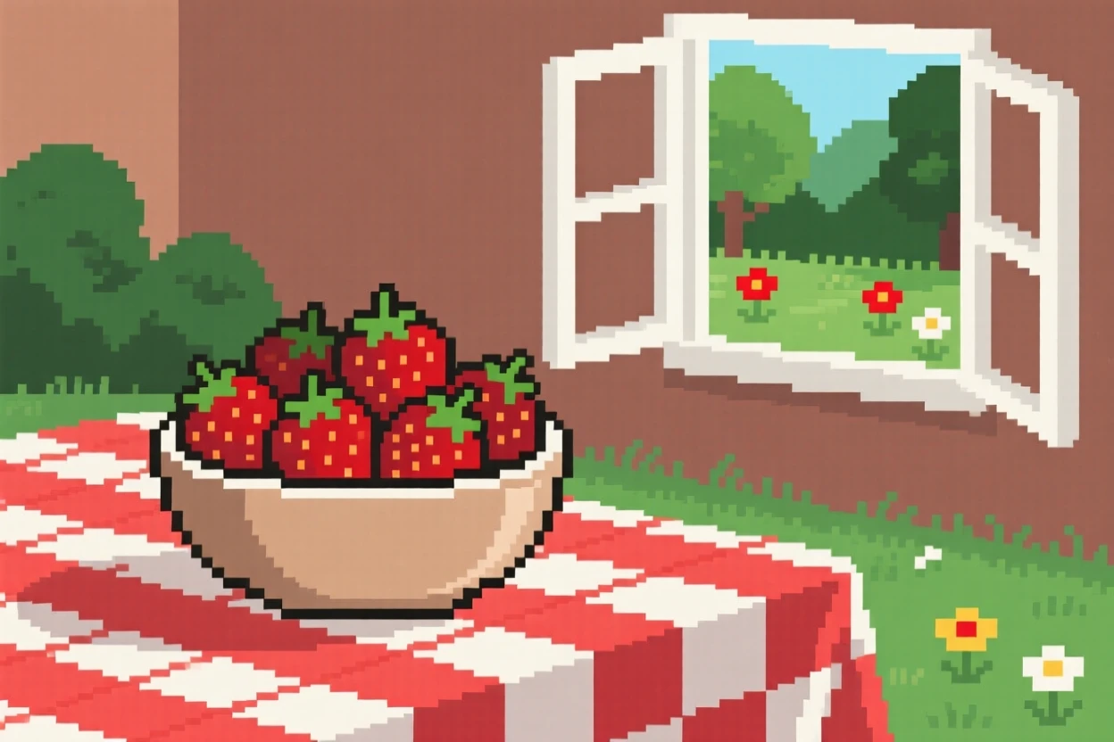 A bowl of fresh strawberries arranged neatly on a checkered tablecloth, beside an open window overlooking a garden.