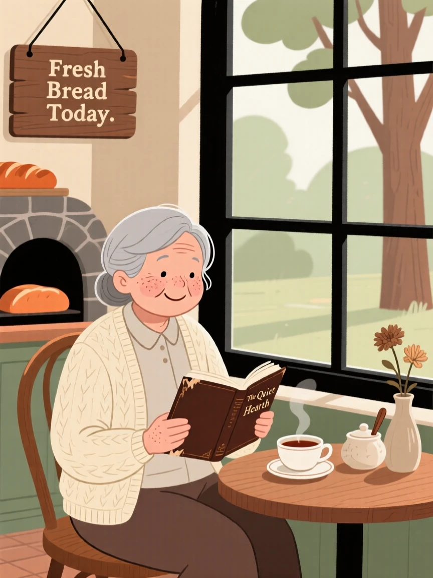 A elderly woman sits by the window of a small tea house, reading a worn novel as the smell of baking bread fills the air.