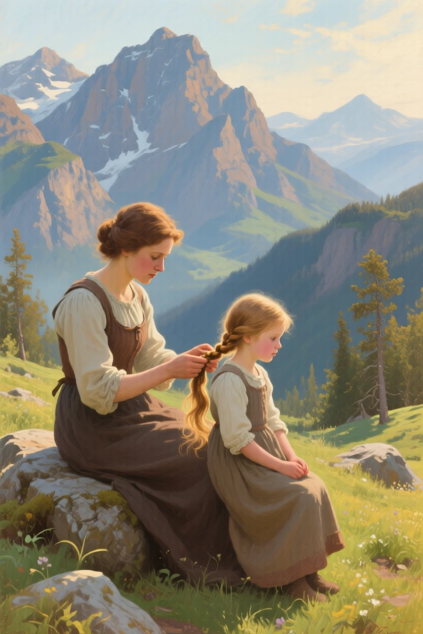 A centered composition of a young mother teaching her daughter to braid her hair, in the Canadian Rockies, in the height of summer.