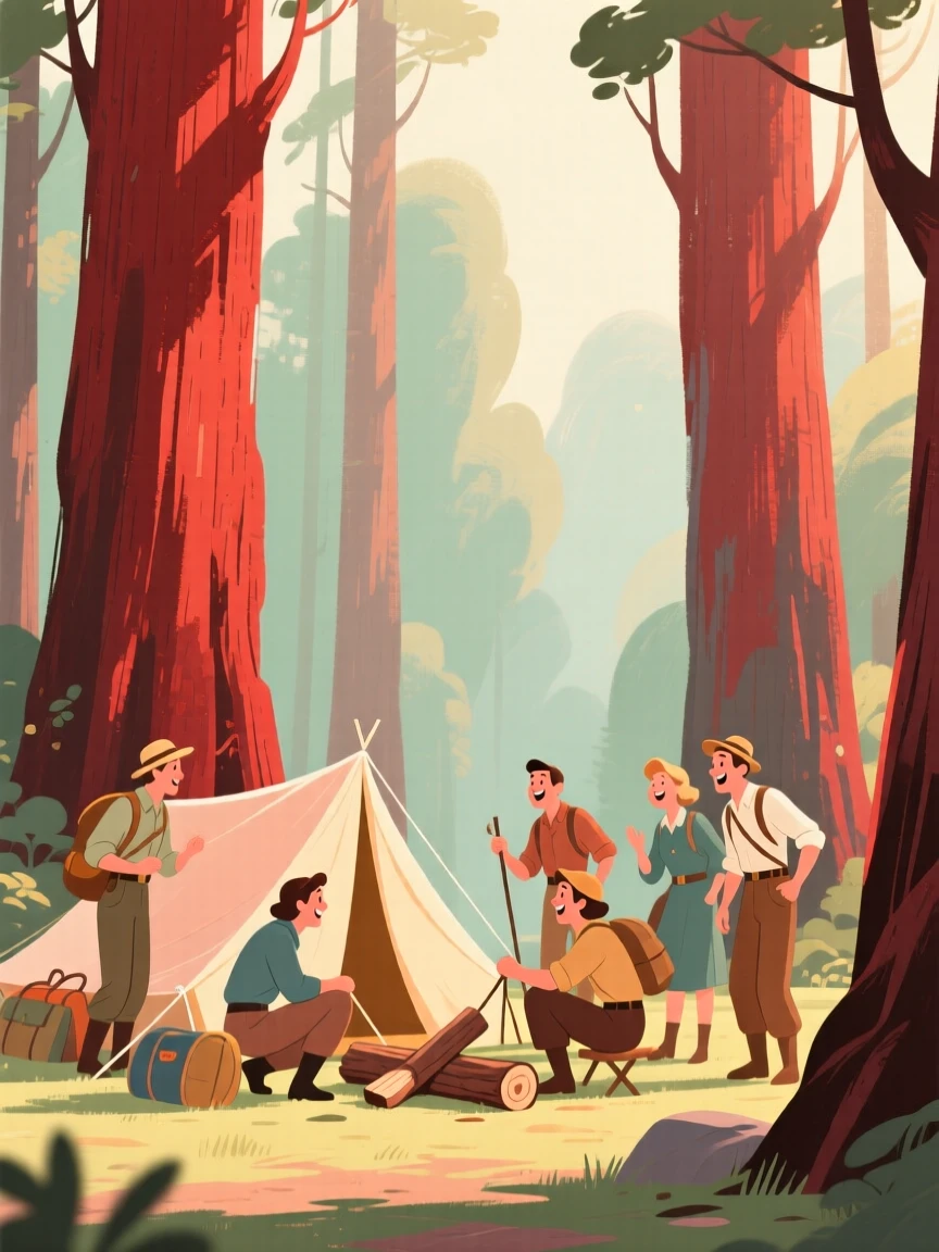 A group of adventurers setting up camp beneath towering redwoods