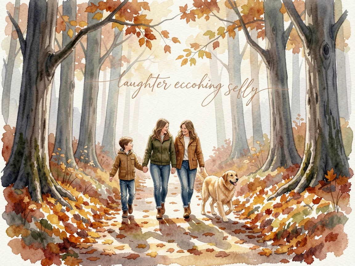 A family walking their dog along a autumn path with laughter echoing softly.