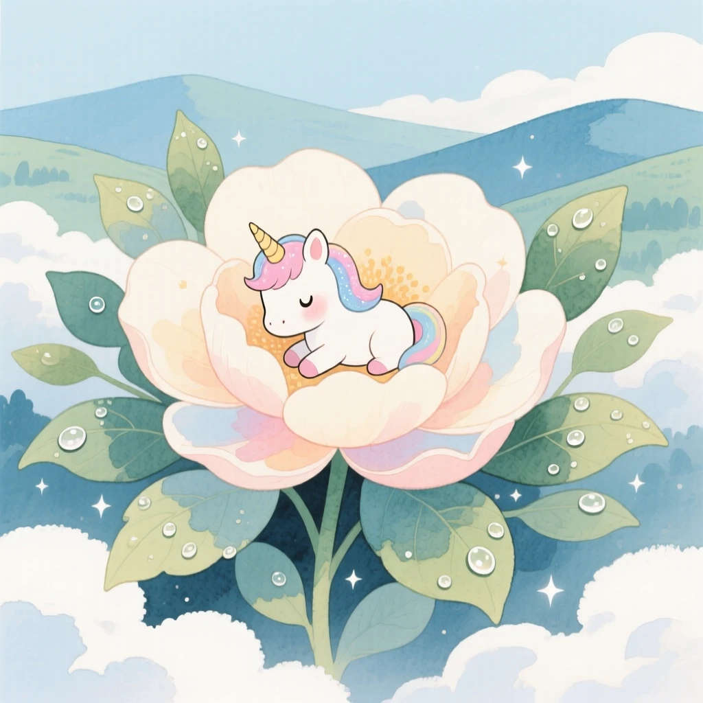 A tiny baby unicorn hides inside a giant blooming flower in a cloud kingdom above the hills, while dew glistens on every leaf