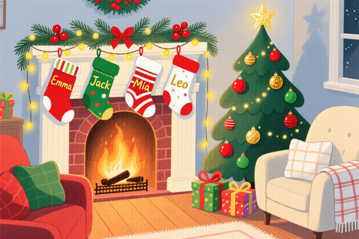 A heartwarming holiday moment: a cozy living room decorated for Christmas with stockings by the fire.