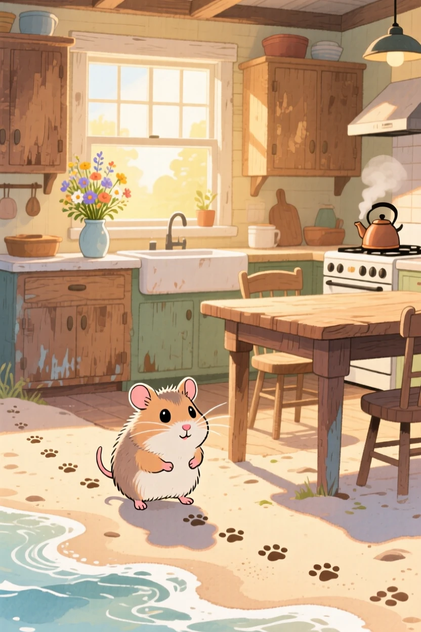 A tiny hamster following a trail of paw prints across a beach, set in a cozy farmhouse kitchen with morning light streaming in, evoking warmth and gentle affection.