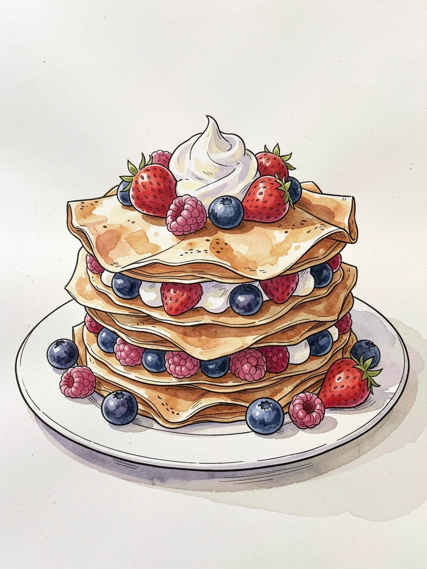 A stack of crepes filled with fresh berries and whipped cream, the aroma almost palpable in the soft afternoon light.