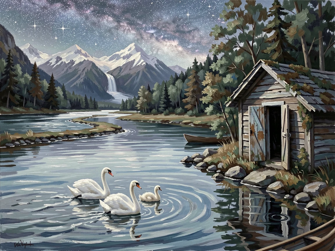 A chain of interconnected lakes fed by a mountain stream, a family of swans gliding across the still surface, beside an old wooden boathouse, under a canopy of stars, the water rippling faintly.