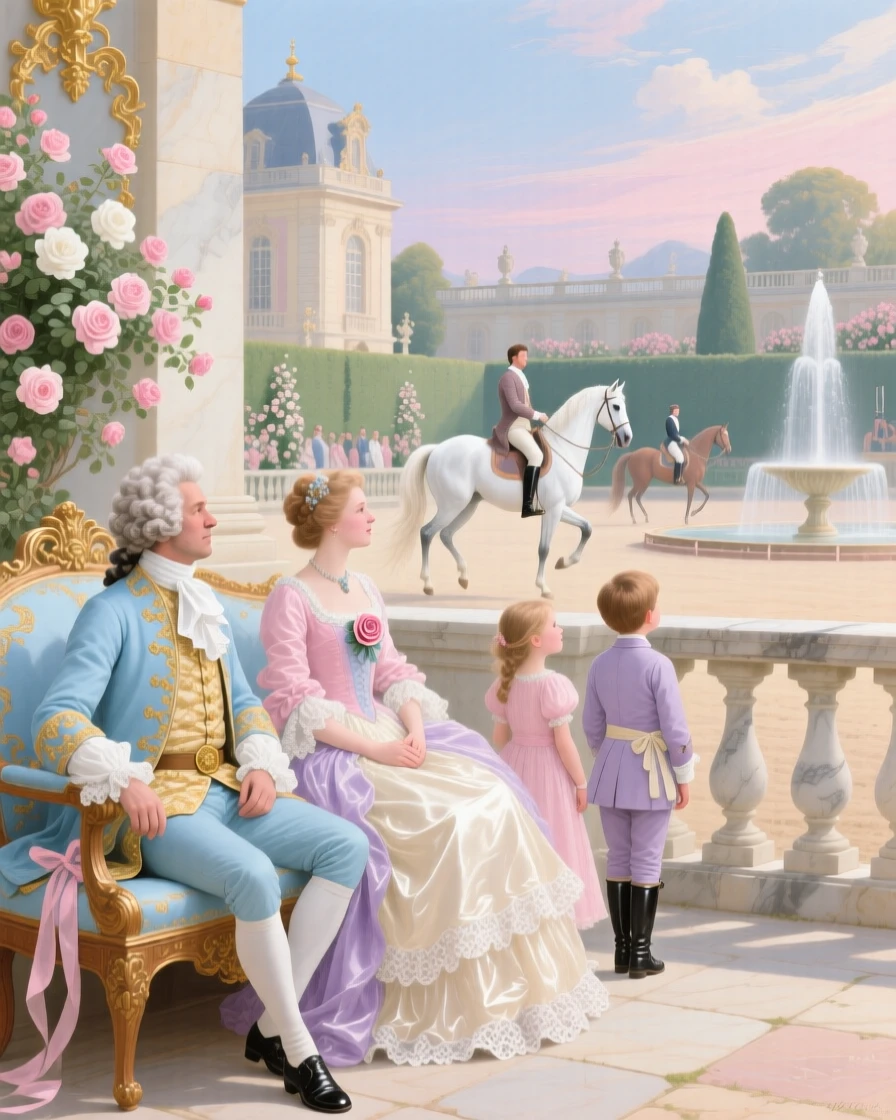 A royal family watching a horse show in the palace courtyard  