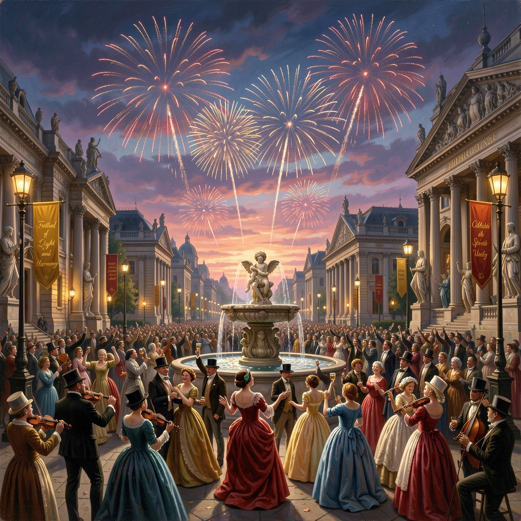 A grand plaza fills with people celebrating a festival beneath fireworks.