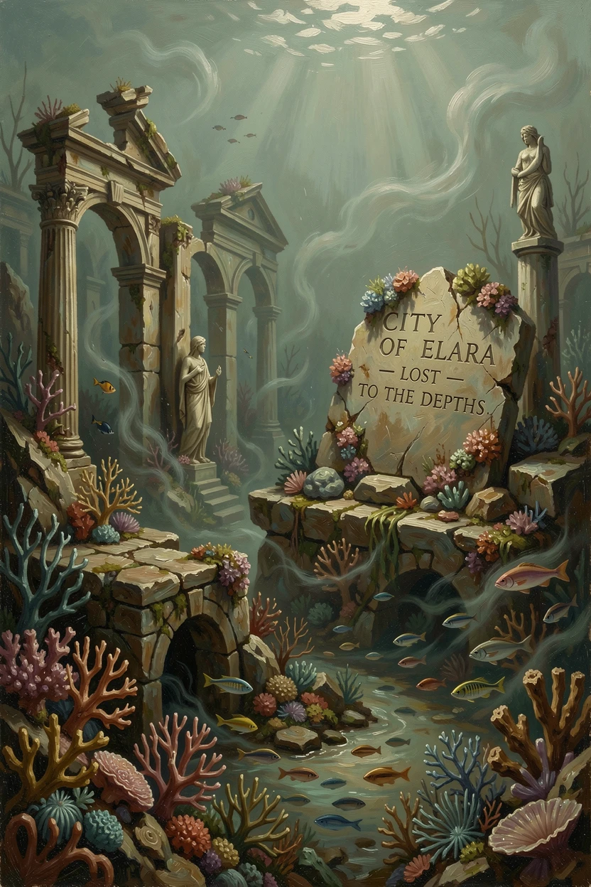 A sunken city slowly being reclaimed by coral and sea life, as swirling mist and atmosphere add mystery to the scene, combining epic scale with rich, immersive atmospheric detail