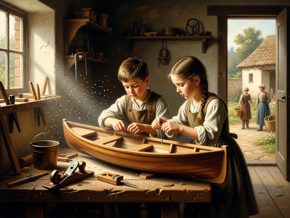 Children building a small boat to sail on a village pond at the gentle heart of a simple daily ritual, set within a modest workshop filled with tools and warm light, with soft morning light catching dust and flour in the air; background activity adds gentle life without distracting from the center, evoking dignity, warmth, and the quiet poetry of daily life.