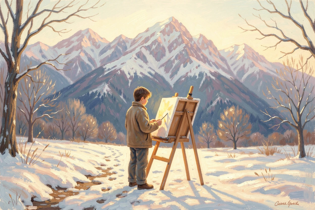A young artist painting outdoors before a dramatic mountain vista, easel and canvas catching the last light of day, under a fresh blanket of snow, filled with warmth and nostalgia.