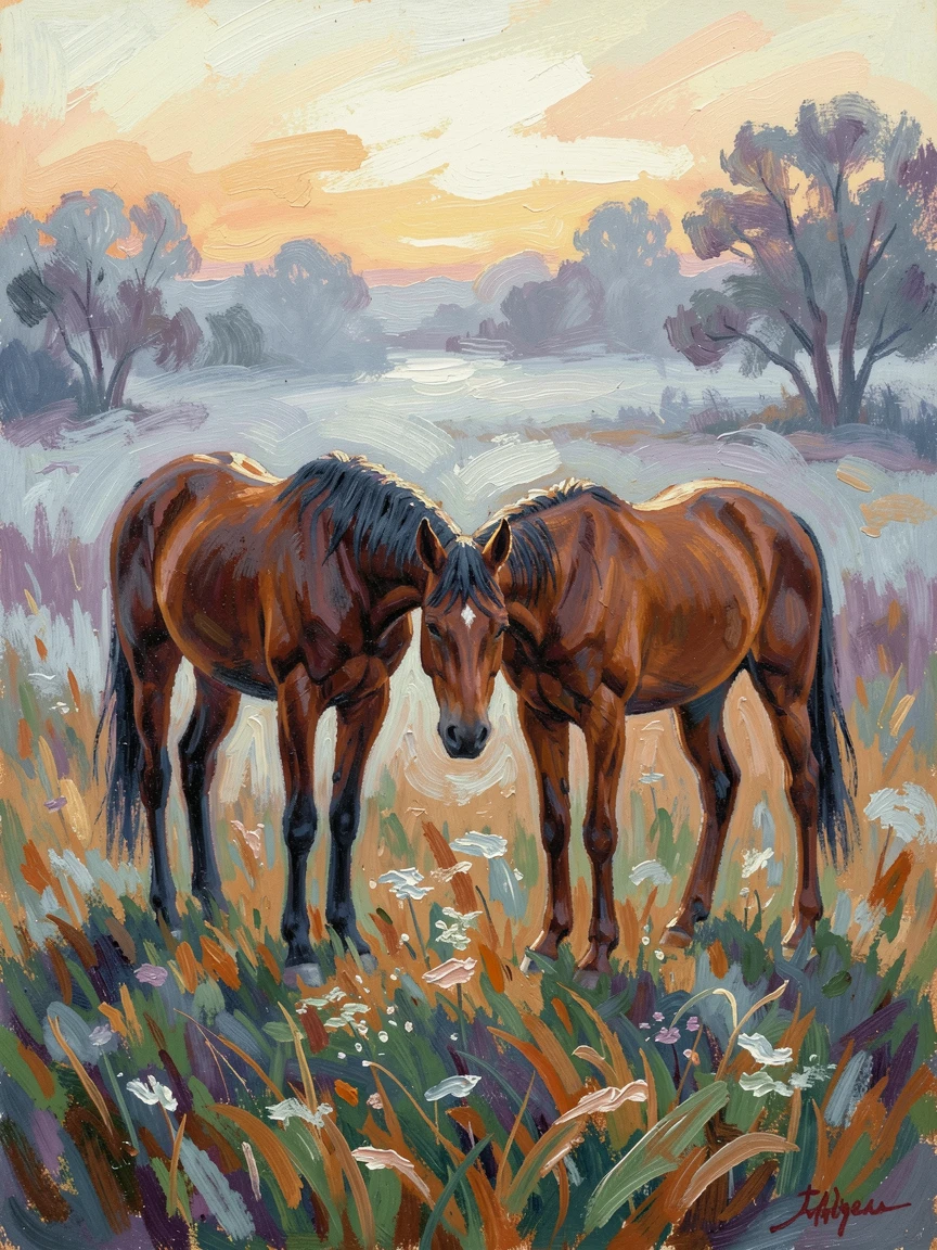 A pair of horses nuzzling each other in a misty pasture at dawn.