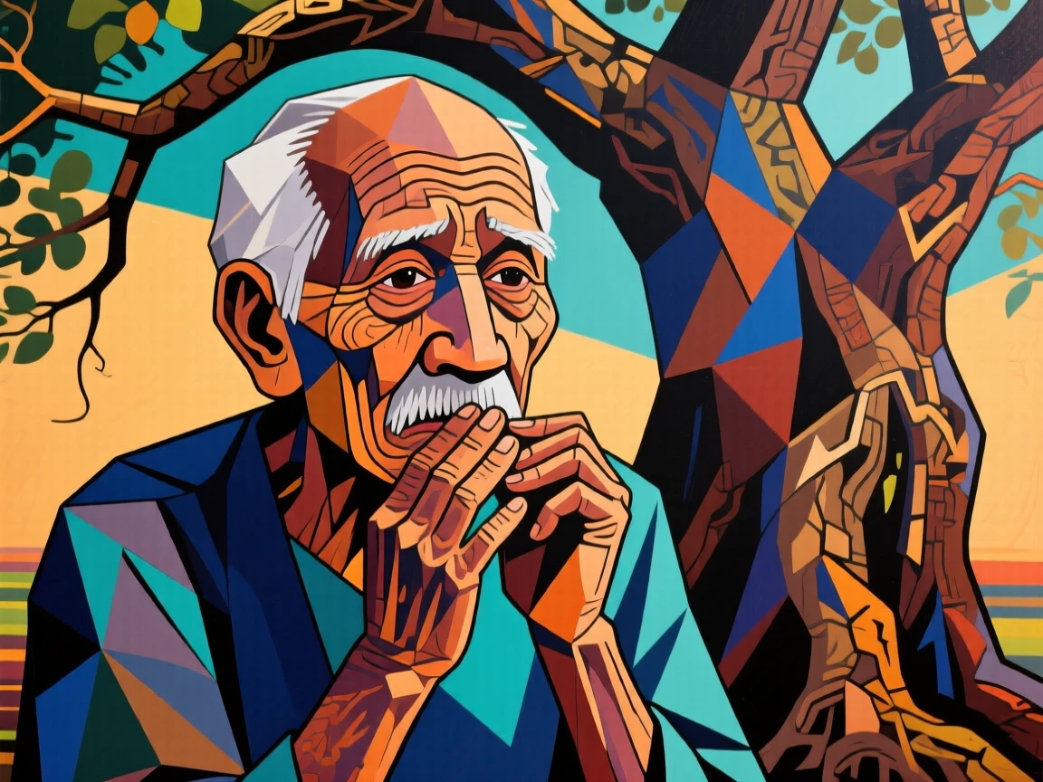 A close-up portrait of a grandfather of Balinese heritage, whispering a secret, under the shade of an old tree.