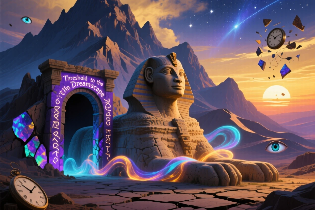 A sphinx guarding a doorway carved into the base of a mountain rests beneath the light of a slow, setting sun, while wisps of light curl gently around its form.