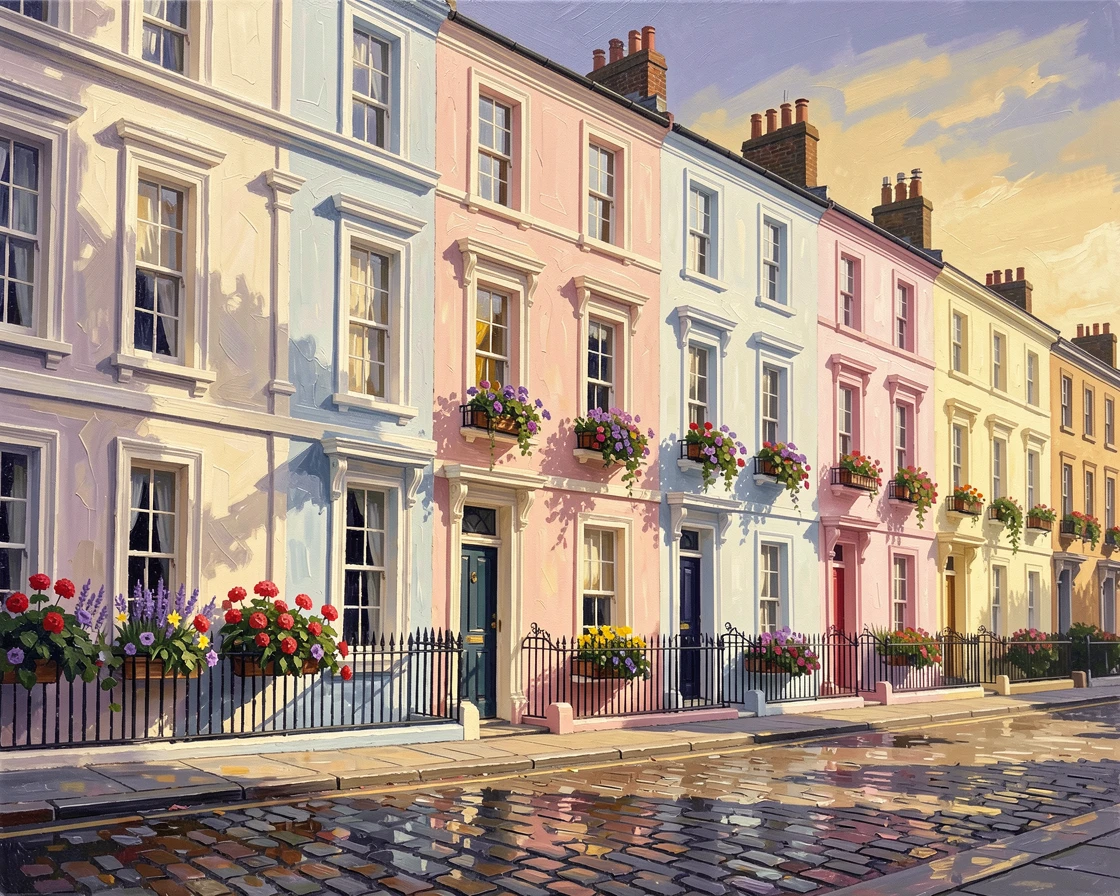 A colorful row of Georgian townhouses lines a street in Notting Hill, London, window boxes overflowing with spring flowers, the changing light of the hour casting long shadows that add depth to every surface.