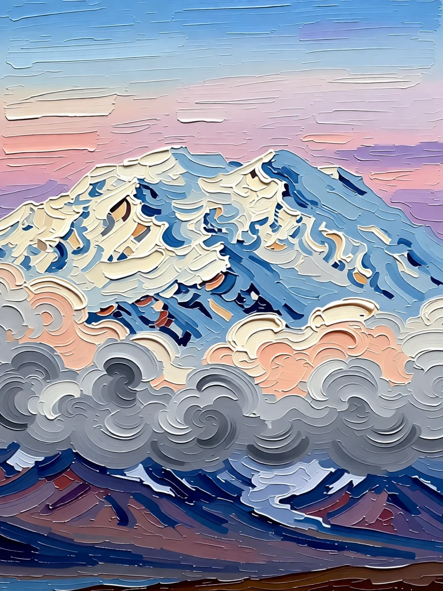 Denali's snow-covered summit piercing through a layer of clouds