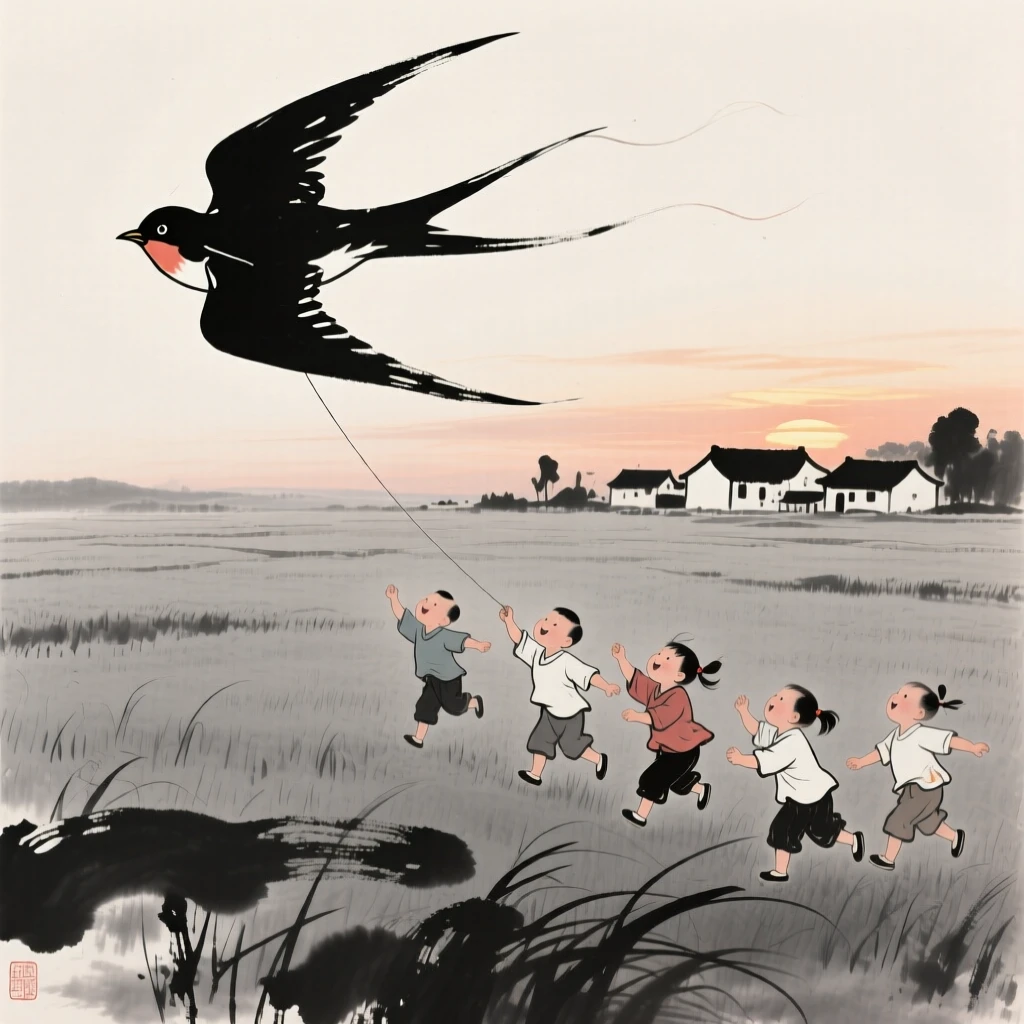 A group of children fly a kite shaped like a swallow above an open field, as the last light of day fades over the village.