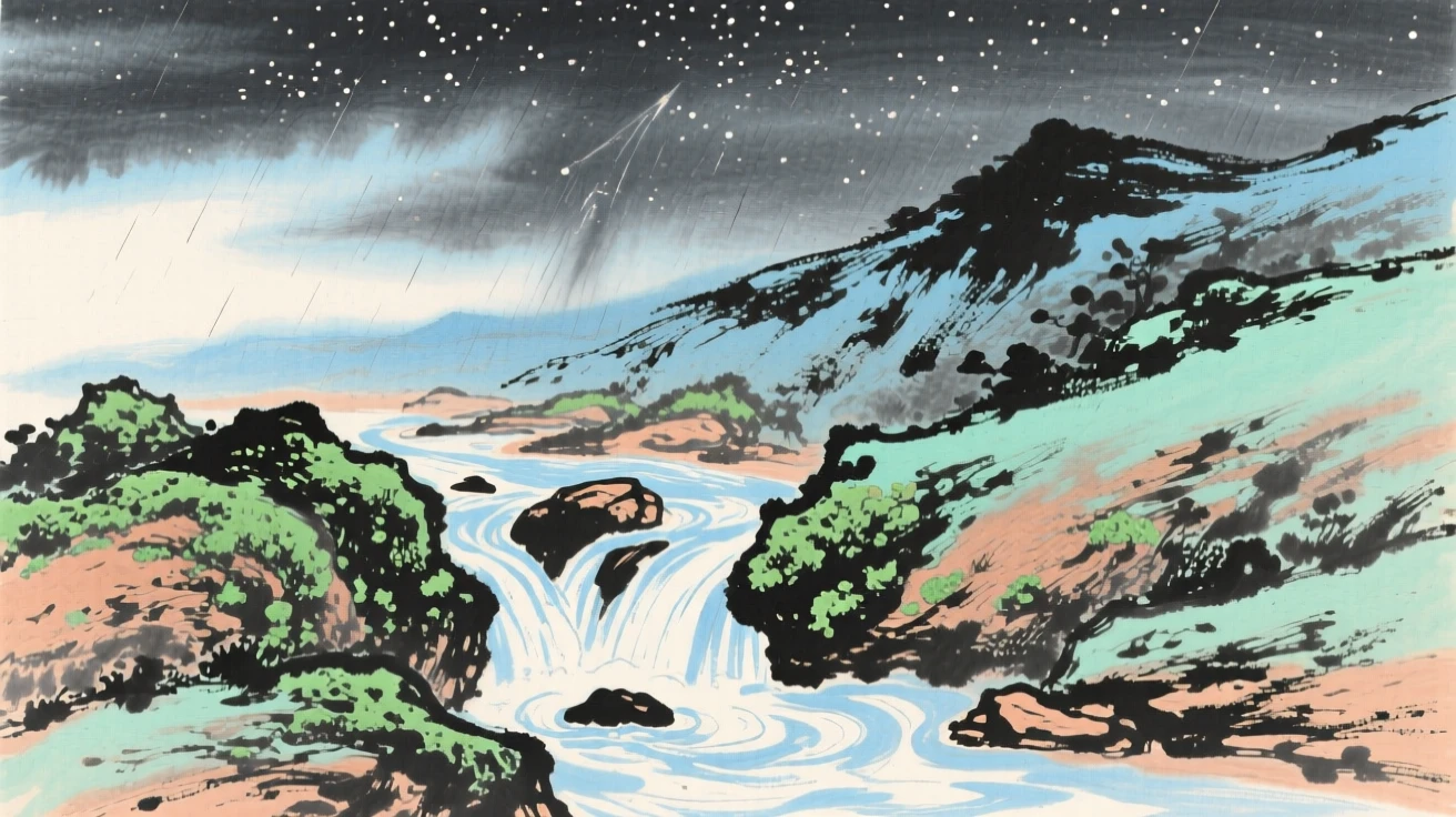 A mountain spring bubbling up beside mossy stones, under a sky full of stars, under clearing skies after a storm.
