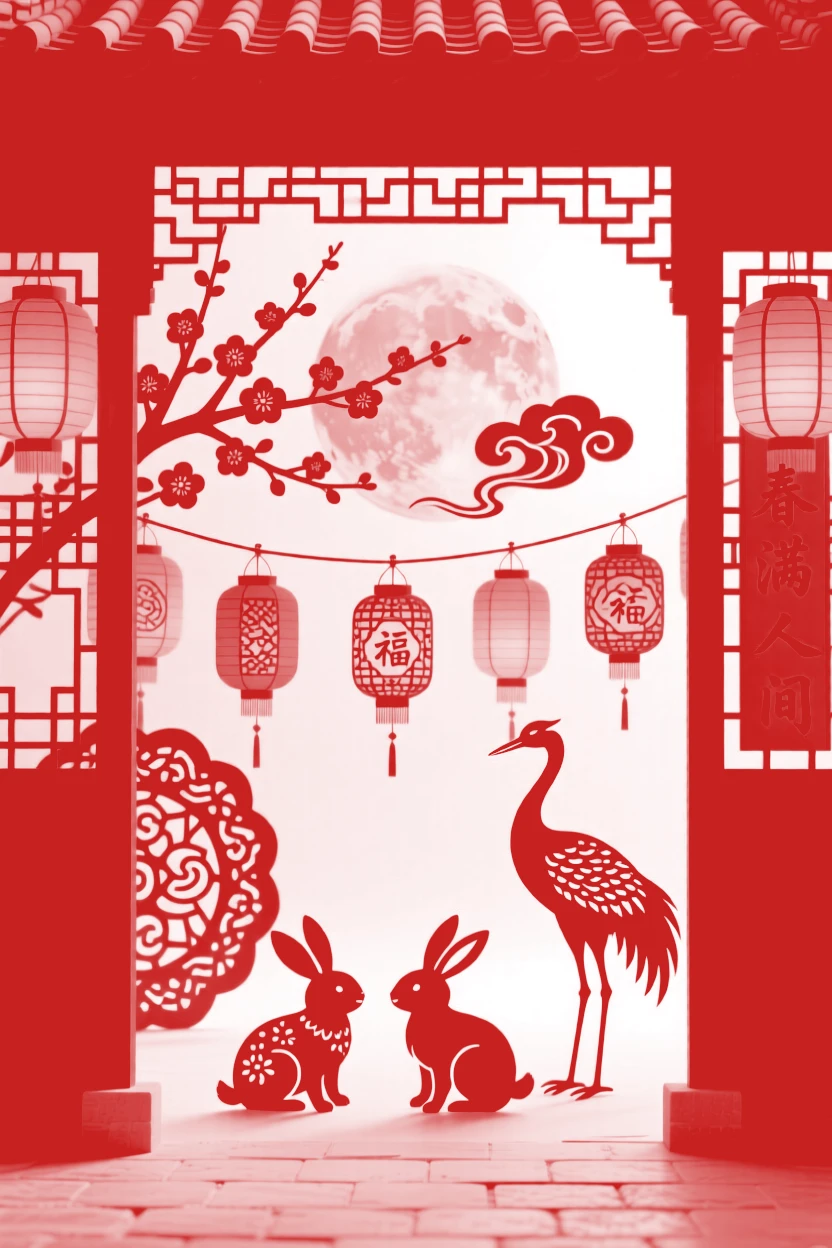 A scene of a courtyard strung with red couplets and lanterns, filled with the warm glow of hundreds of lanterns, with a full moon rising behind paper-cut silhouettes.