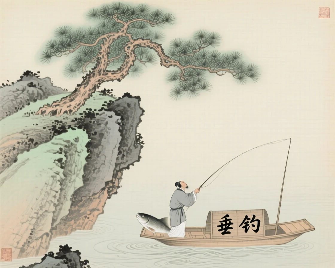 A lone pine tree growing from a rocky cliff, with a single fisherman casting a line from a small boat