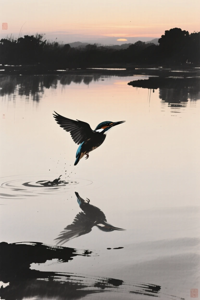 A kingfisher diving toward a still, mirror-like pond, silhouetted softly against the fading light, conveying serenity and effortless movement.