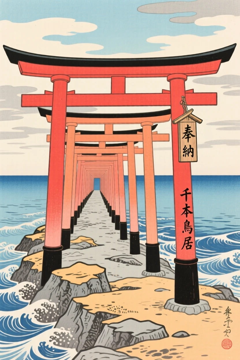 A tunnel of vibrant torii gates standing at the edge of a rocky peninsula.