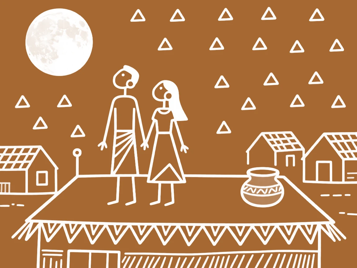 A devoted husband and wife gazing at the full moon together from a rooftop.