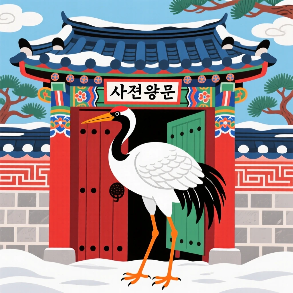 A powerful depiction of a snow-white crane standing guard at a temple gate.