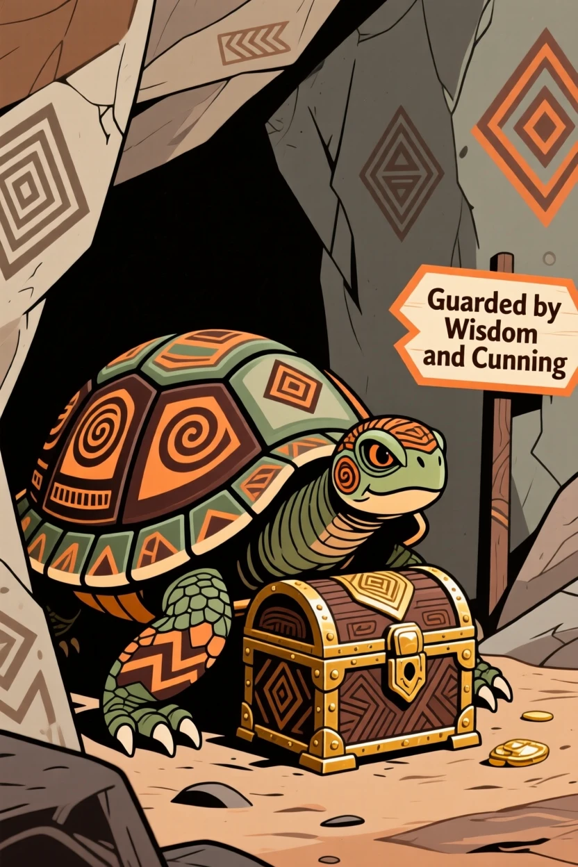 A legendary trickster tortoise guarding a treasure hidden deep within a cave.