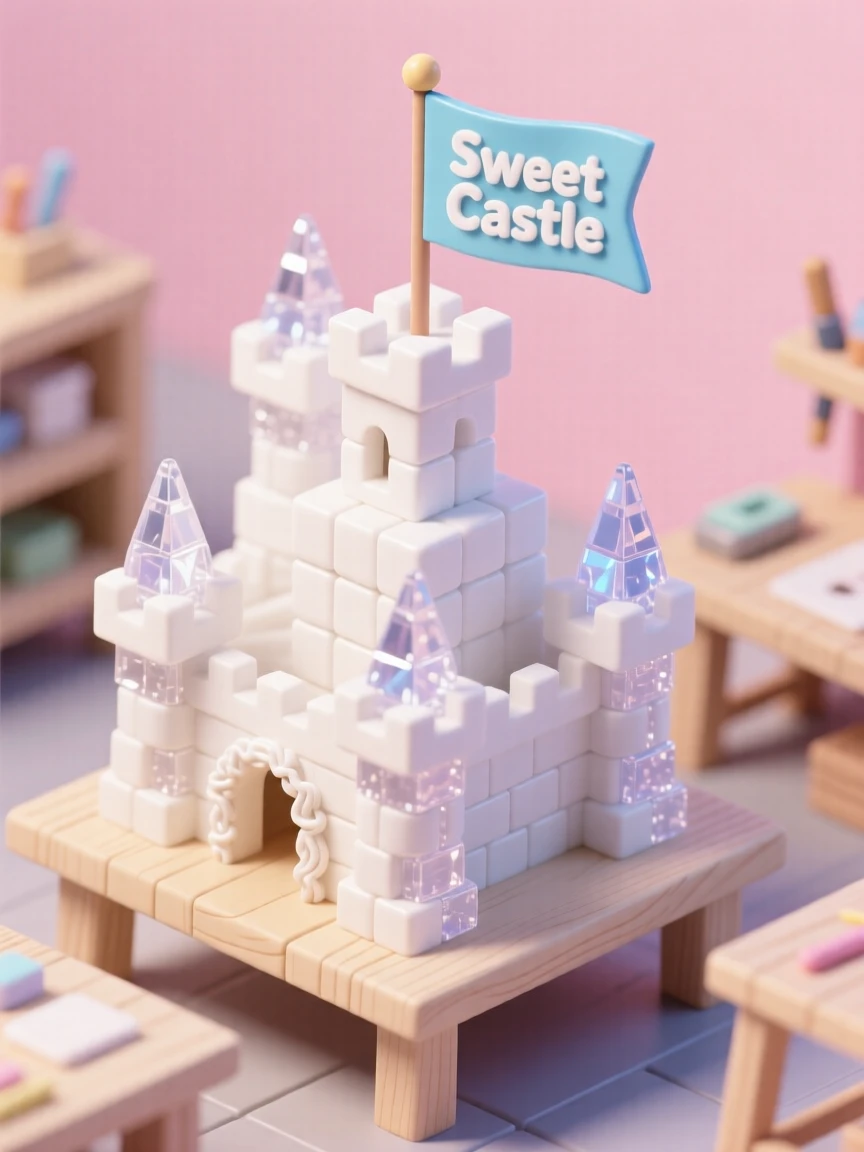 A model castle building workshop with sugar cubes stacked into towers, icing used as mortar, and a flag planted on top.
