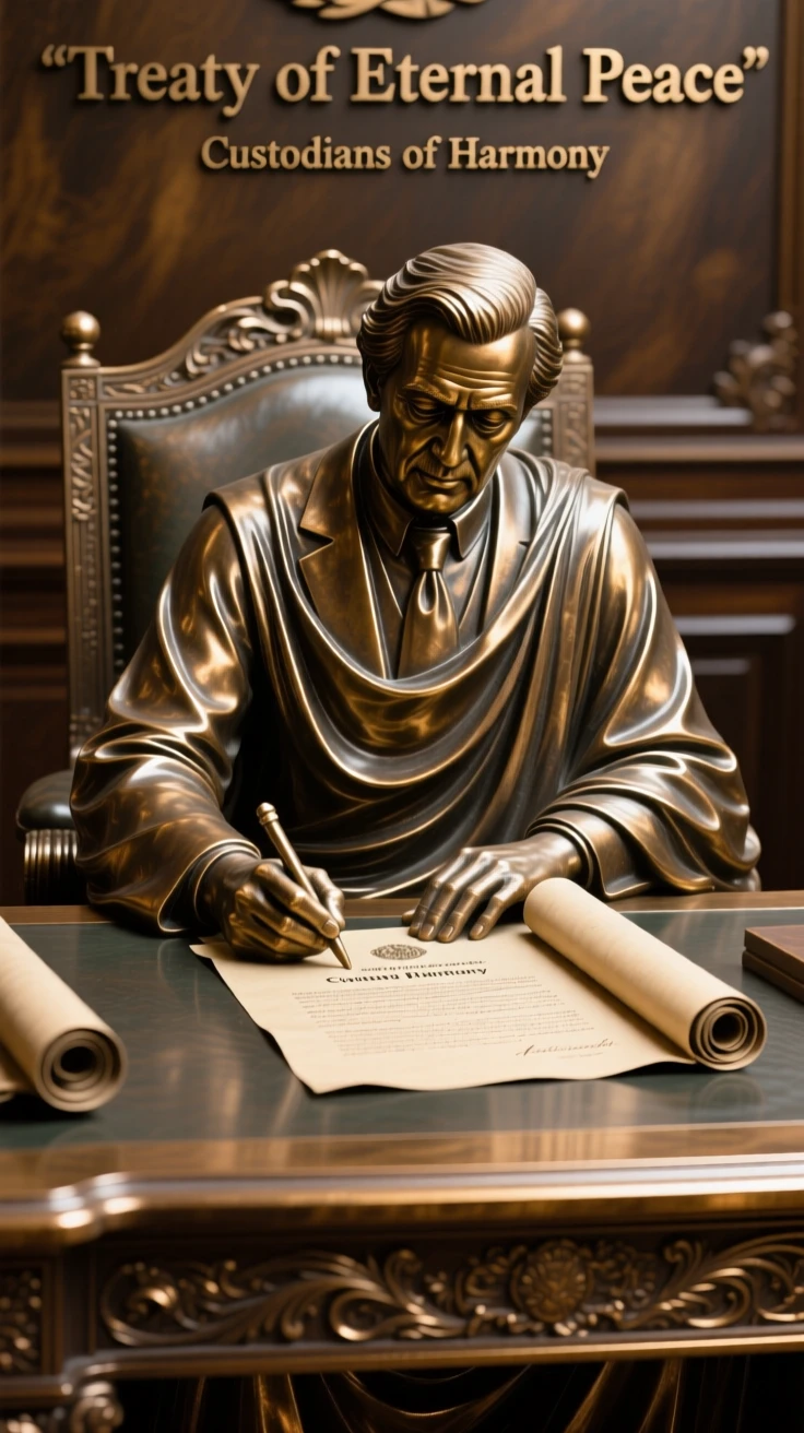 A diplomat signing a treaty of peace, with intricate, flowing drapery, forming a strong central focal point