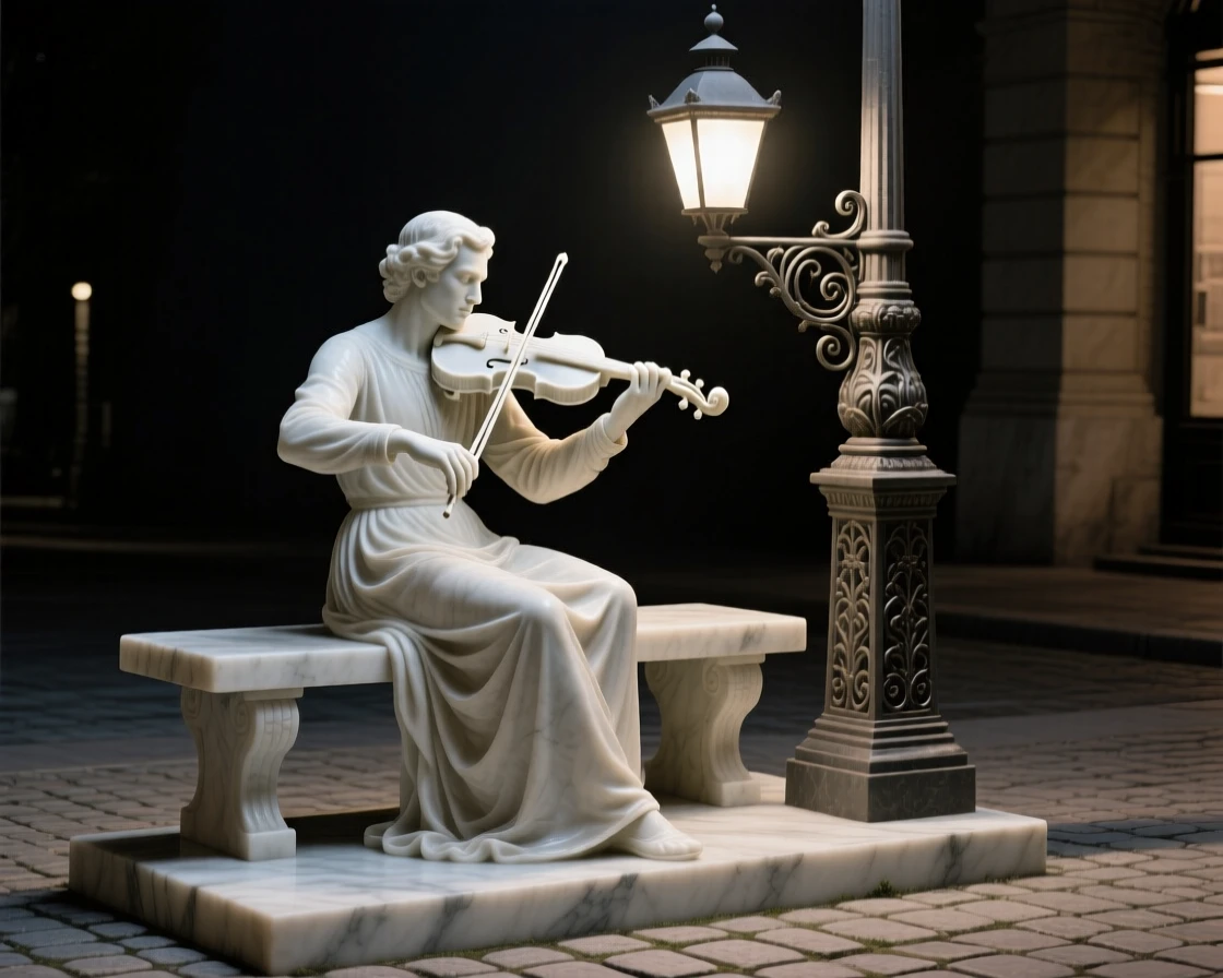 A beautifully composed image of a violin player performing beneath a streetlamp, captured with cinematic depth and detail, full of atmosphere and visual storytelling