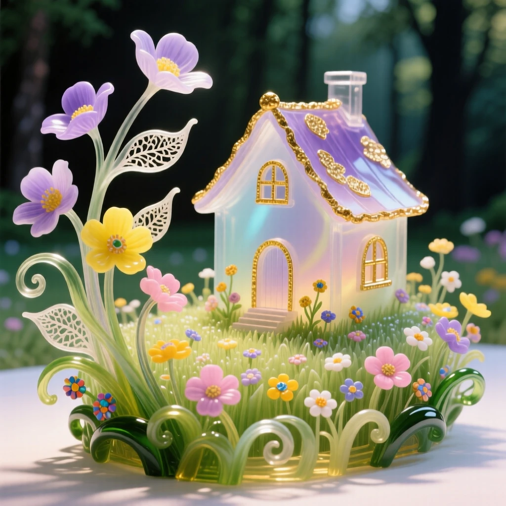 A field of blooming wildflowers surrounding a quiet forest cottage, idyllic and cozy.