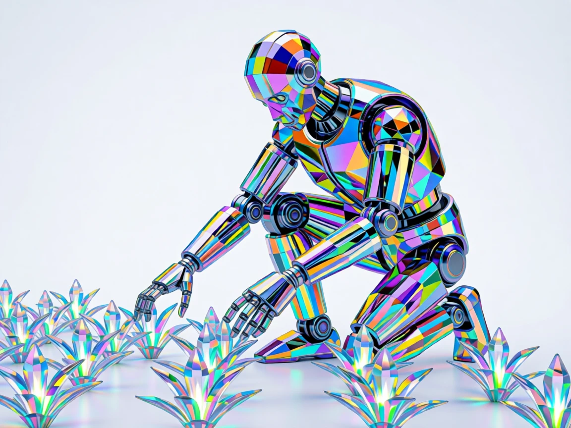 A robotic gardener carefully tending rows of glowing bioluminescent plants.