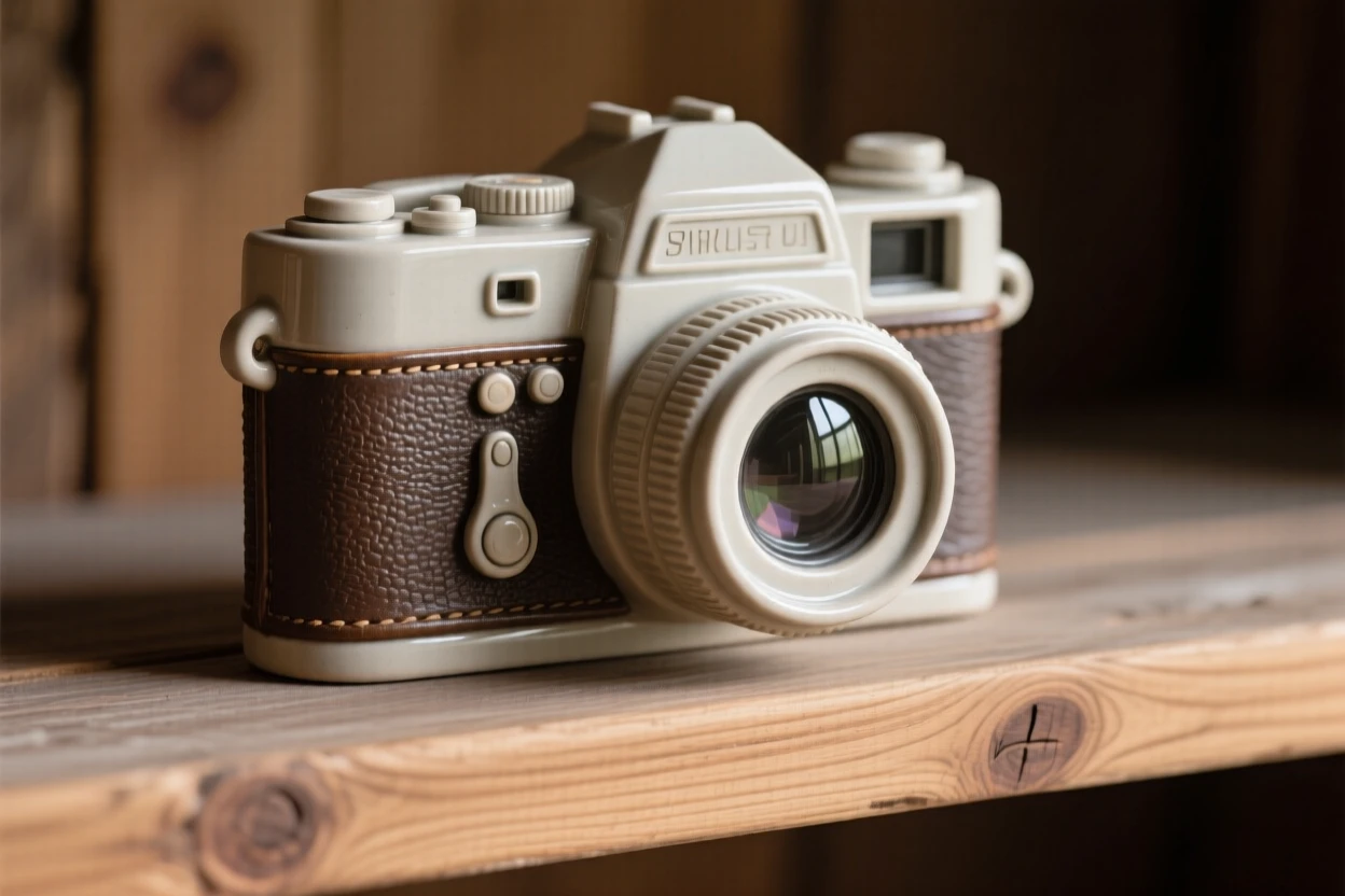 A vintage camera resting on a wooden shelf posed as if just set down a moment ago, its surface polished to a gentle sheen, stirring fond memories of simpler times.