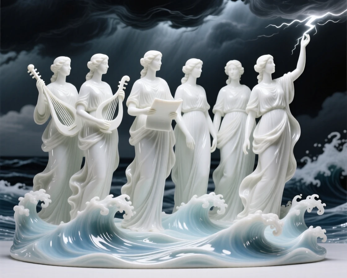 A mythological moment: the Greek muses commanding a storm over the ocean, bathed in an otherworldly glow.