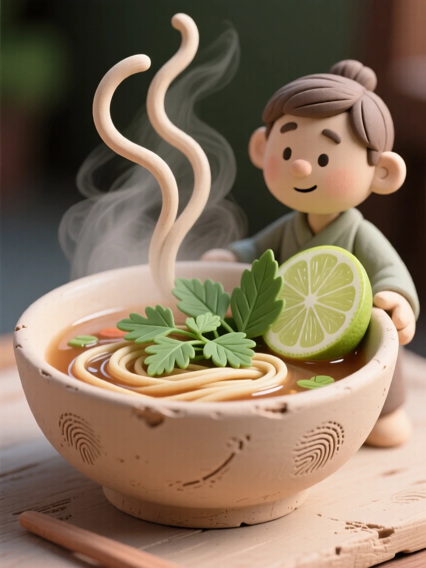 A steaming bowl of pho garnished with fresh herbs and lime