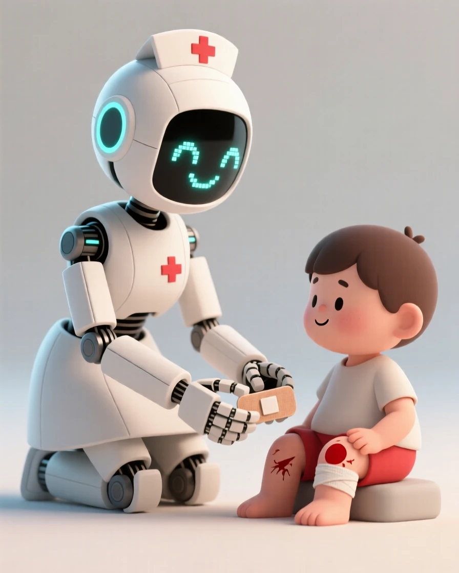 A gentle robot nurse gently bandages a scraped knee with mechanical precision and a kind digital smile.