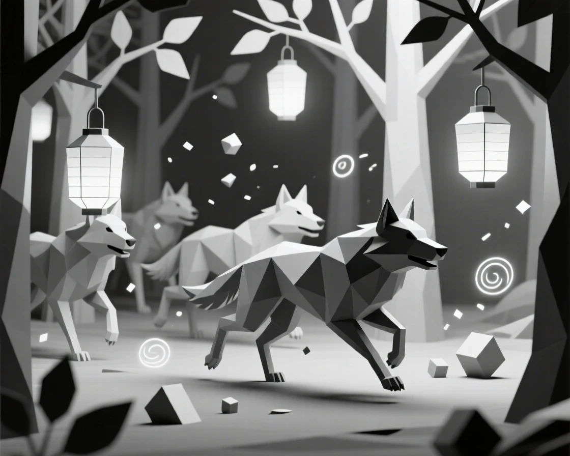 A pack of spectral wolves running through fog, within a forest lit by floating lanterns. swirling particles of light drift through the air. There is an air of ancient mystery.
