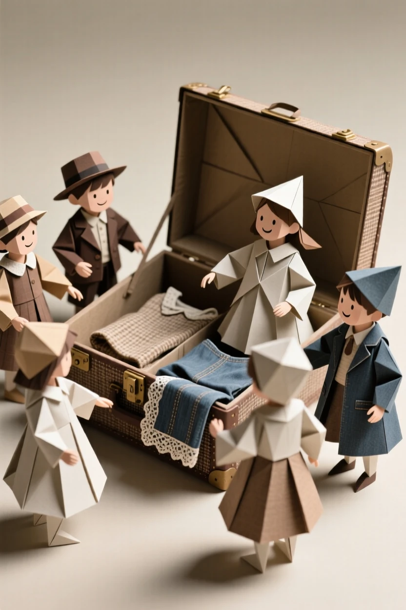 A group of children playing dress-up in oversized costumes from a trunk of old clothes.
