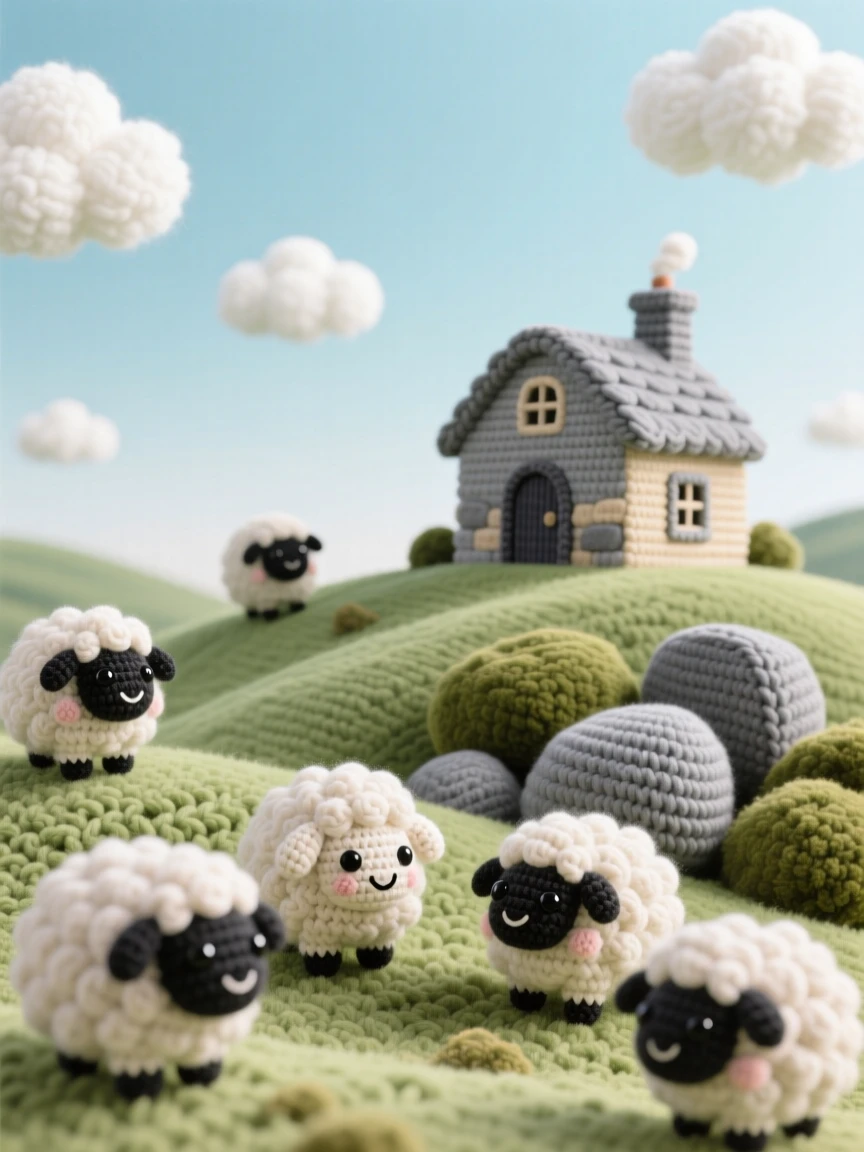 a rolling hillside dotted with grazing sheep, under a wide open sky, framed by a distant stone farmhouse beneath a sky scattered with soft clouds; a cluster of soft mossy rocks completes the scene, full of a serene, storybook tranquility.