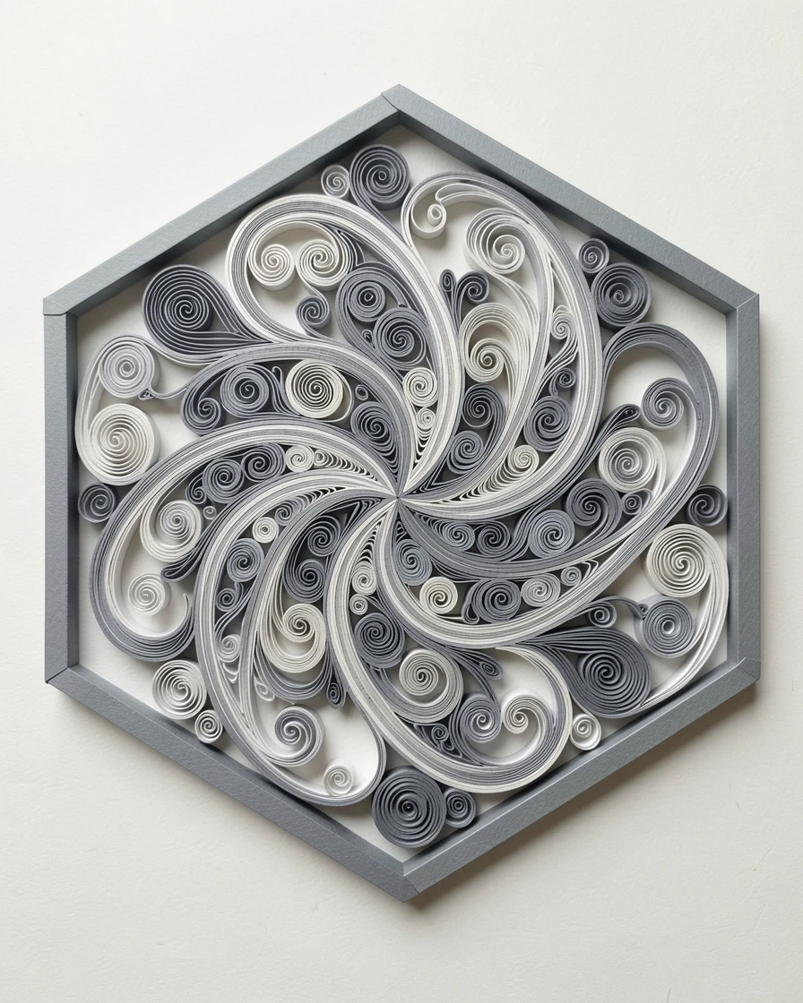 An elegant design featuring a swirling paisley pattern arranged in a perfect circle, with perfect radial symmetry from the center outward, in soft monochrome tones of dove grey, presented within a hexagonal frame.
